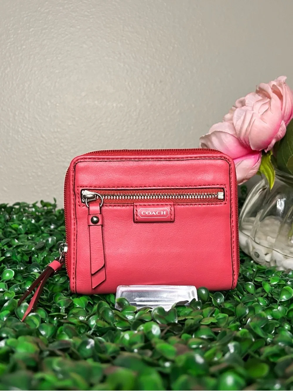 Coach Coral Pink Leather Zip Wallet with Front Pocket